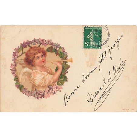 n°27044 - Clapsaddle - Ange jouant de la trompette au milieu d'une couronne de violettes