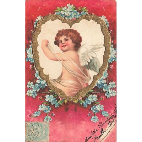 n°27045 - Carte Gaufrée - Clapsaddle - Ange au milieu d'un coeur entouré de myosotis