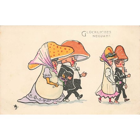 n°27049 - Fantaisie - Glückliches Neujahr - Procession de champignons humanisés en couple