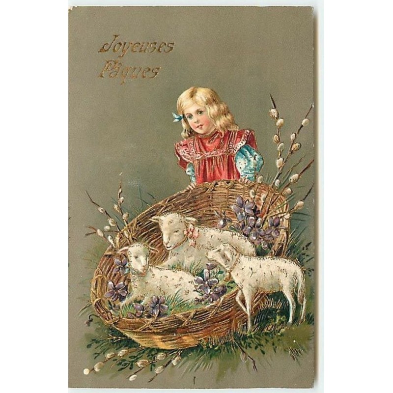 n°12965 - Carte Gaufrée - Joyeuses Pâques - Fillette regardant des moutons