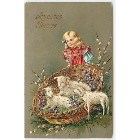 n°12965 - Carte Gaufrée - Joyeuses Pâques - Fillette regardant des moutons