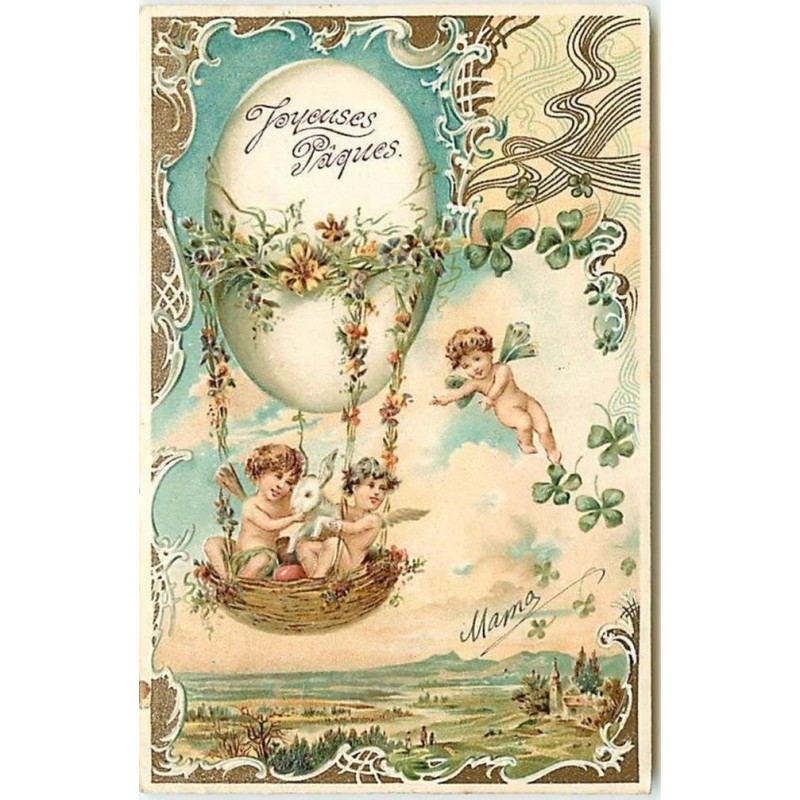 n°12966 - Carte Gaufrée - Joyeuses Pâques - Anges dans un ballon avec un lapin