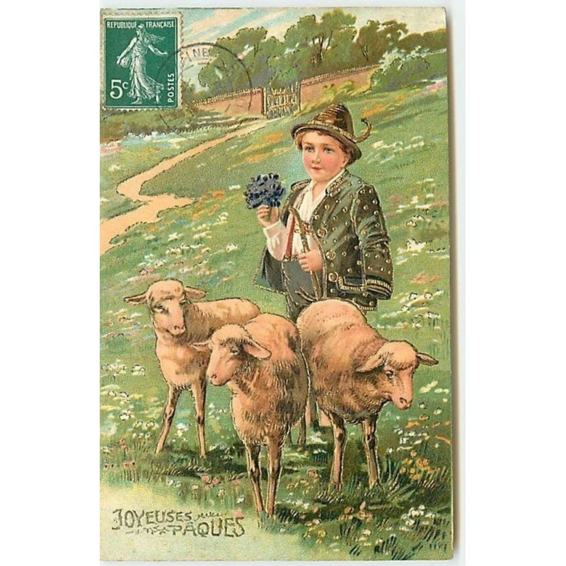 n°12967 - Carte Gaufrée - Joyeuses Pâques - Berger avec ses moutons