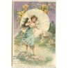 n°12969 - Carte Gaufrée - Fröhliche Ostern - Jeune femme portant des lapins