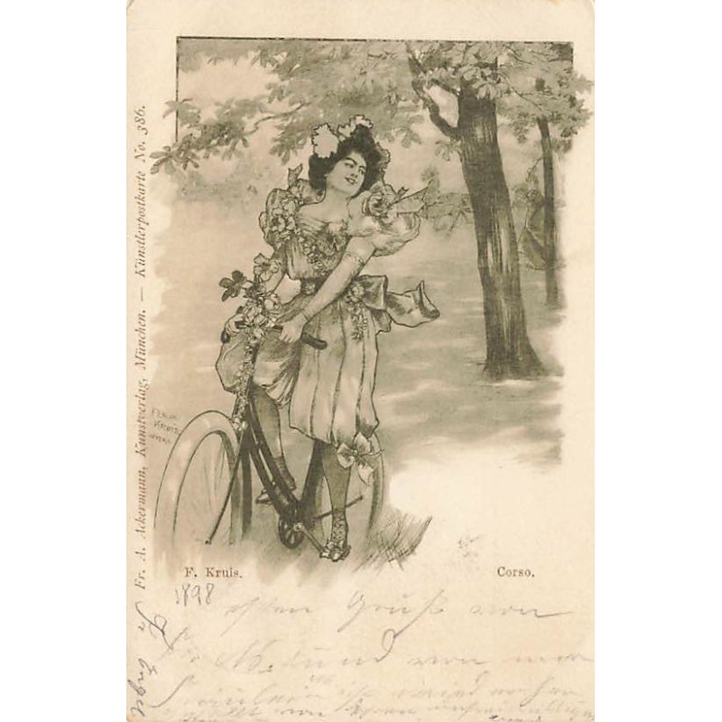 n°27063 - Art Nouveau - F. Kruis - Corso - Jeune femme avec une robe fleurie sur un vélo