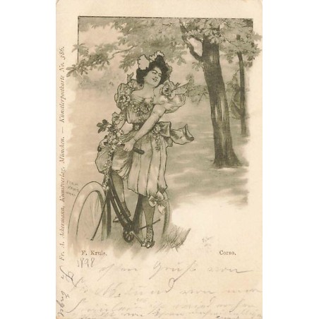 n°27063 - Art Nouveau - F. Kruis - Corso - Jeune femme avec une robe fleurie sur un vélo