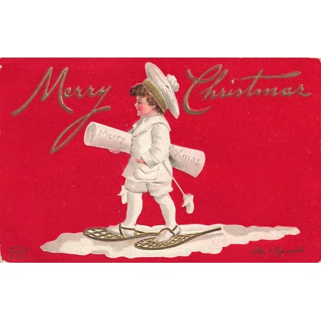 n°27071 - Carte Gaufrée - Clapsaddle - Merry Christmas - Garçon marchant avec des raquettes