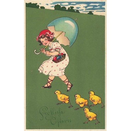 n°27082 - Pâques - Fröhliche Oftern - Fillette se protégeant avec une coquille, suivie par des poussins