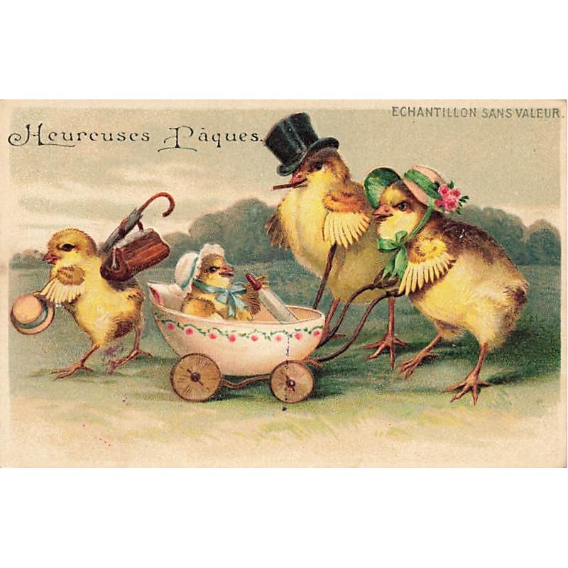 n°27083 - Carte Gaufrée - Heureuses Pâques - Poussins habillés se promenant