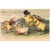 n°27083 - Carte Gaufrée - Heureuses Pâques - Poussins habillés se promenant