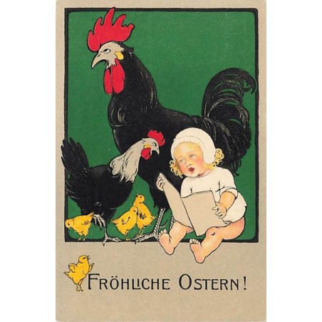 n°27084 - Flatscher - Fröhliche Ostern - Bébé assis, lisant pour des poussins, une poule et un coq