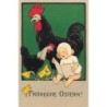 n°27084 - Flatscher - Fröhliche Ostern - Bébé assis, lisant pour des poussins, une poule et un coq