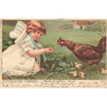 n°27085 - Pâques - Fröhliche Ostern - Fillette donnant à manger à une poule avec ses poussins