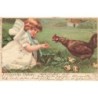 n°27085 - Pâques - Fröhliche Ostern - Fillette donnant à manger à une poule avec ses poussins