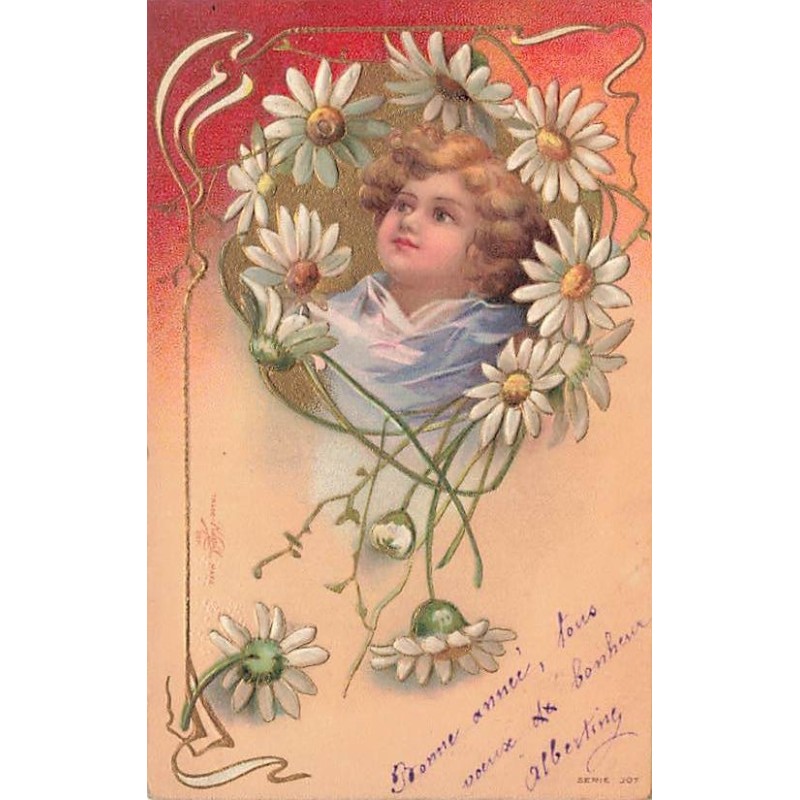 n°27089 - Carte Gaufrée - Clapsaddle - Portrait d'un enfant au milieu de marguerites