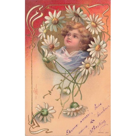 n°27089 - Carte Gaufrée - Clapsaddle - Portrait d'un enfant au milieu de marguerites