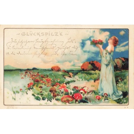 n°27092 - Art Nouveau - Niemeyer - Glückspilze - Femme portant un panier rempli de champignons