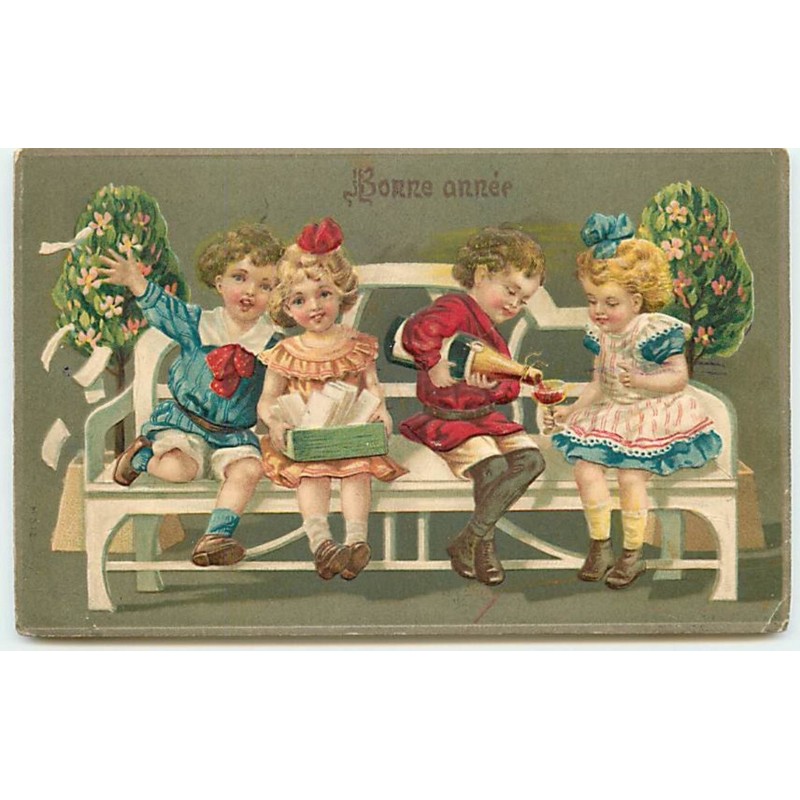 n°12975 - Carte Gaufrée - Bonne Année - Enfants assis sur un banc buvant du champagne