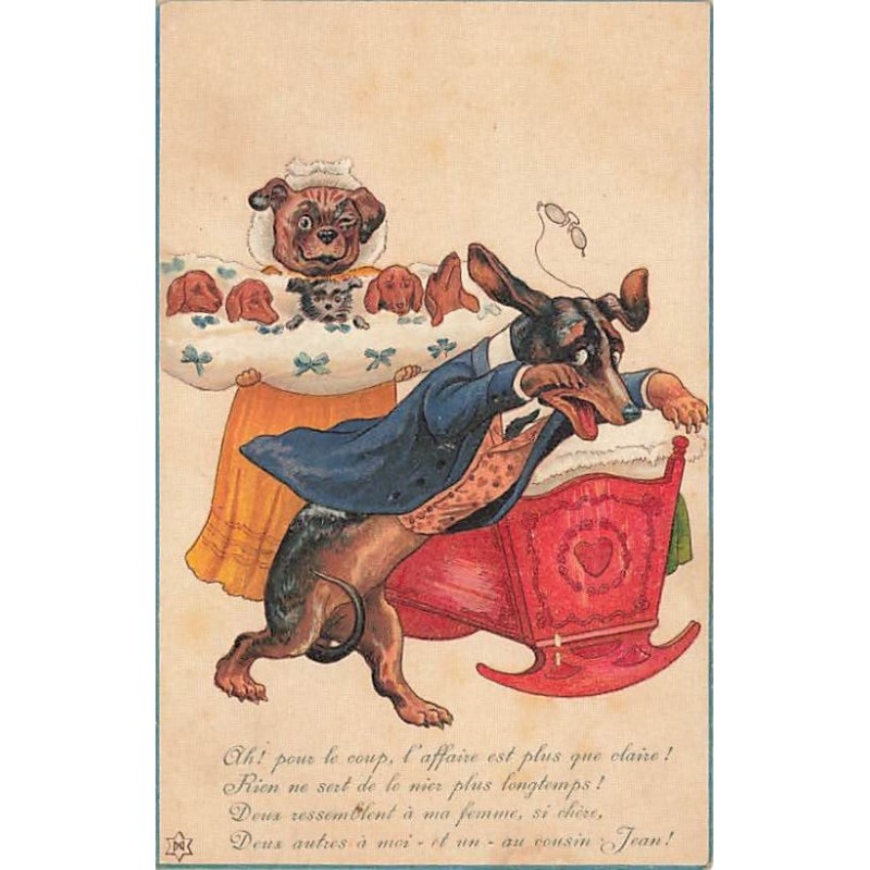 n°27098 - Fantaisie - Animaux Habillés - Couple de chiens s'apprêtant à coucher ses chiots - Teckel