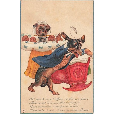 n°27098 - Fantaisie - Animaux Habillés - Couple de chiens s'apprêtant à coucher ses chiots - Teckel
