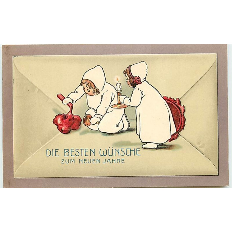 n°12977 - Carte Gaufrée - Die Besten Wünsche zum Neuen Jahre - Enfants cachetant une lettre - style Ebner