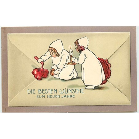 n°12977 - Carte Gaufrée - Die Besten Wünsche zum Neuen Jahre - Enfants cachetant une lettre - style Ebner