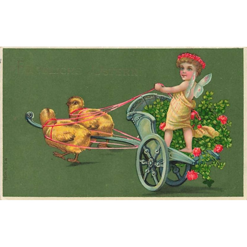 n°27118 - MSIB 14039- Fröhliche Ostern - Ange sur un char fleuri, tiré par des poussins