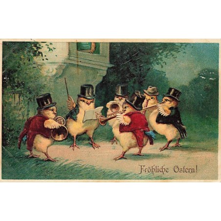 n°27120 - Carte Gaufrée - Pâques - Fröhliche Ostern - Fanfare de poussins habillés