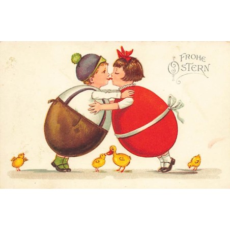 n°27124 - Pâques - Fröhe Ostern - Enfants ayant un corps en forme d'oeuf, s'embrassant