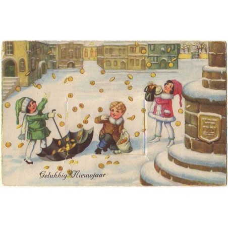 n°12980 - Carte à système - leporello - Gelukkig Nieuwjaar - Enfants sous une pluie de pièces