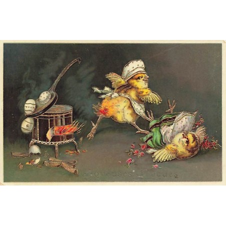 n°27125 - Carte Gaufrée - Joyeuses Pâques - Poussins habillés faisant cuire des oeufs