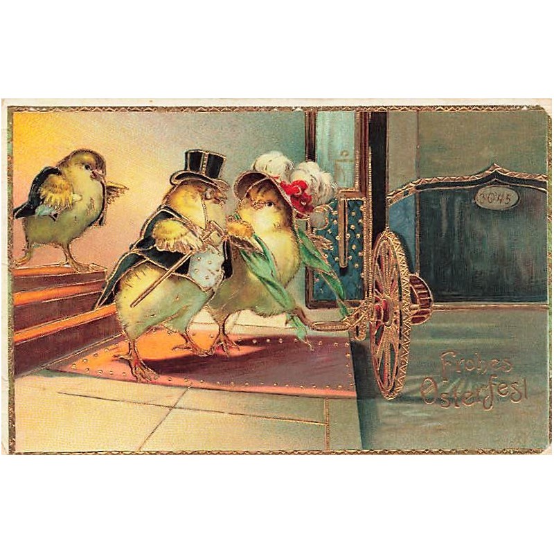n°27126 - Carte Gaufrée - Frohes Osterfest -Couple de poussins habillés s'apprêtant à monter dans une diligence