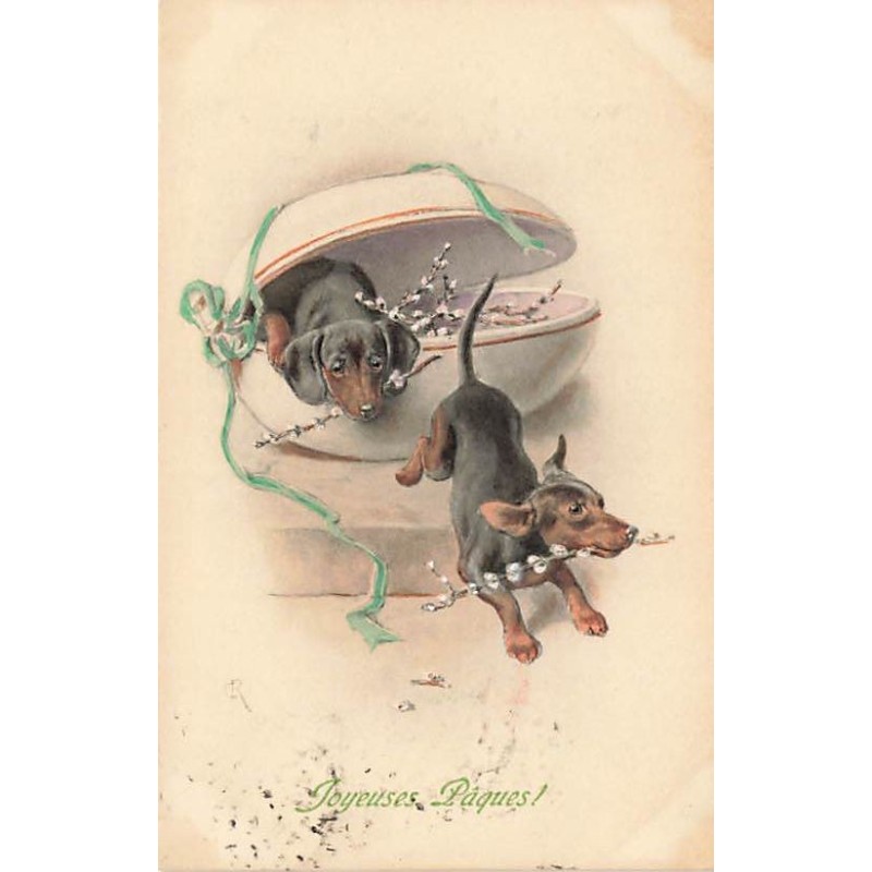 n°27127 - MM Vienne n°234 - Joyeuses Pâques - Teckels sortant des oeufs avec des branches de coton