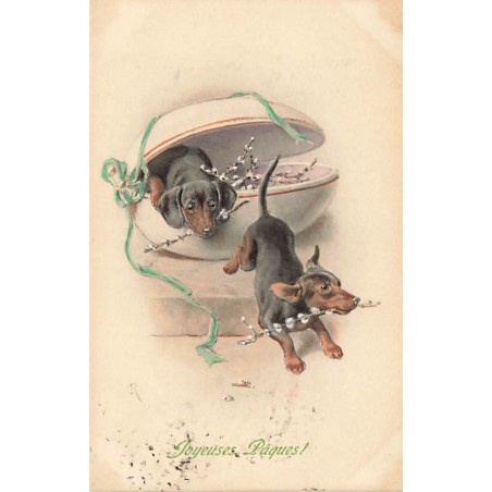 n°27127 - MM Vienne n°234 - Joyeuses Pâques - Teckels sortant des oeufs avec des branches de coton