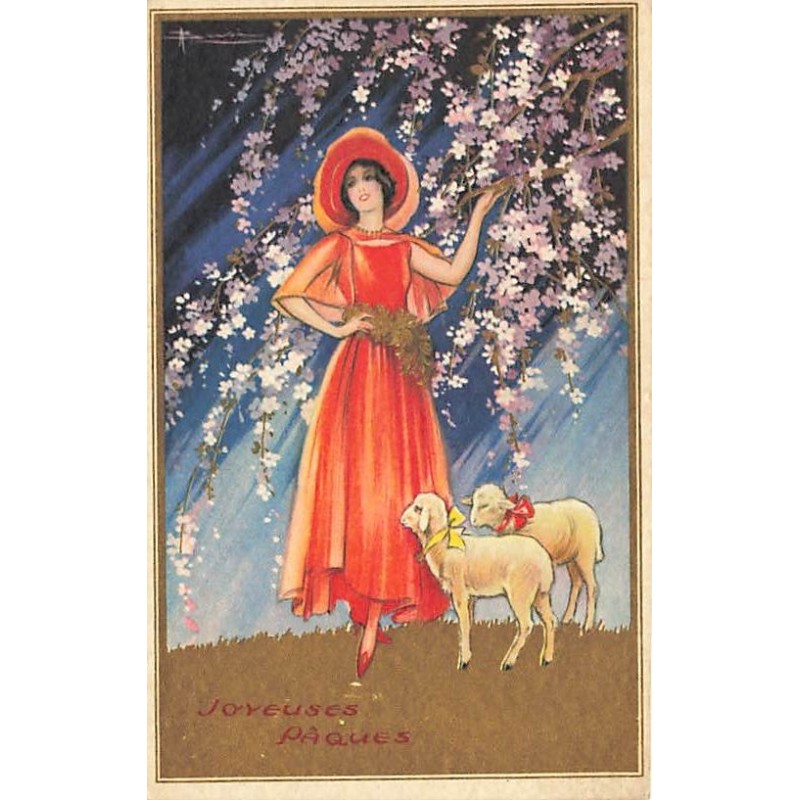 n°27128 - Joyeuses Pâques - Busi - Jeune femme près d'un arbre fleuri, et de moutons