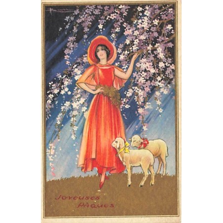 n°27128 - Joyeuses Pâques - Busi - Jeune femme près d'un arbre fleuri, et de moutons