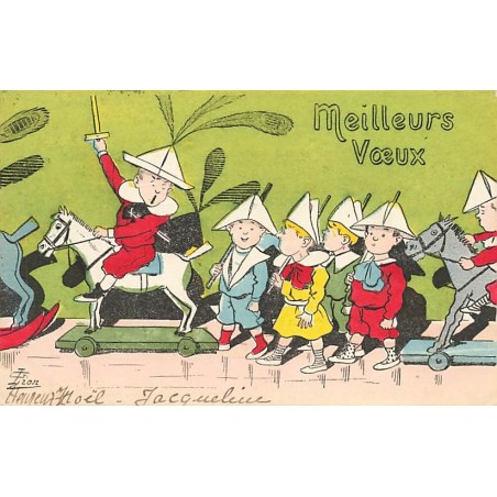 n°27131 - Nouvel An - Illustrateur Lion - Meilleurs Voeux - Défilé d'enfants portant des épées en bois