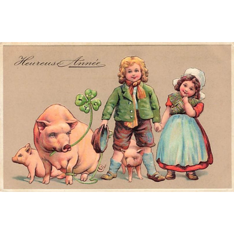 n°27134 - Carte Gaufrée - 6174 - Heureuse Année - Jeune couple près d'une famille de cochons