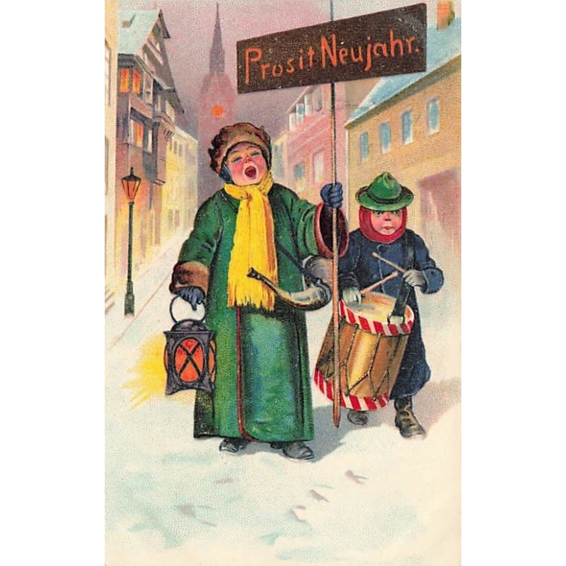n°27138 - Carte Gaufrée - Prosit Neujahr - Veilleur de Nuit accompagné d'un homme avec un tambour