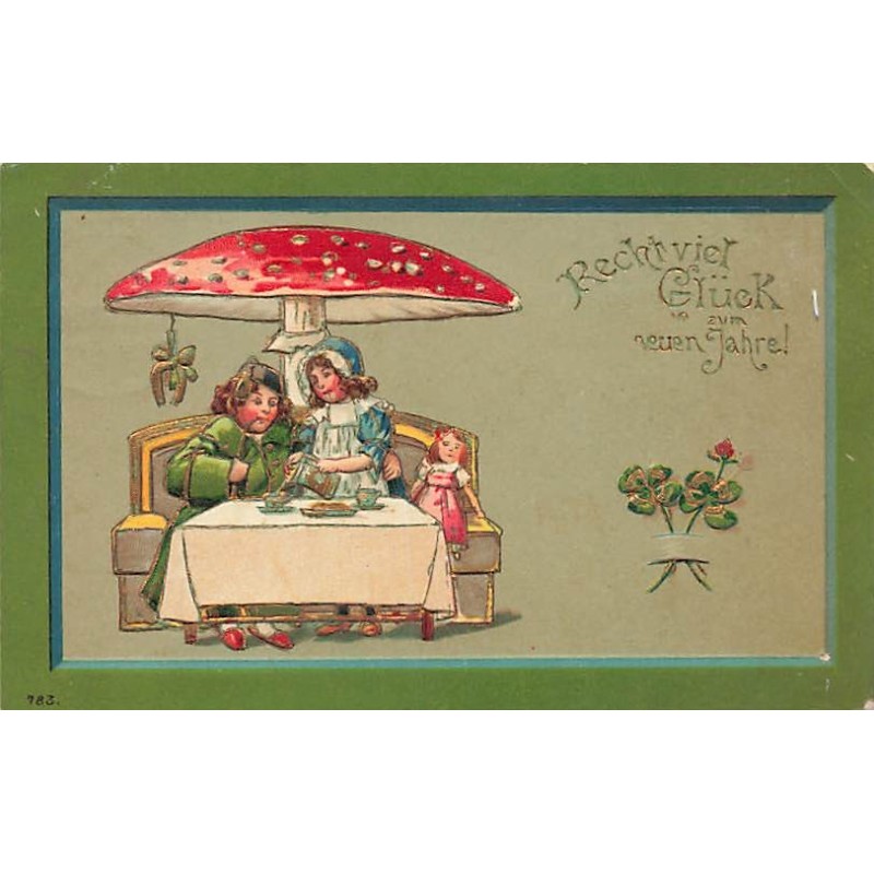 n°27140 - Carte Gaufrée - Nouvel An - Jeune couple prenant le thé sous un champignon