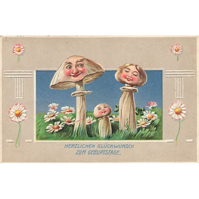 n°27143 - Carte Gaufrée - Nouvel An - Famille de champignons humanisés