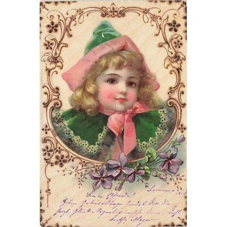 n°27148 - Clapsaddle - Portrait d'une fillette, avec un chapeau vert