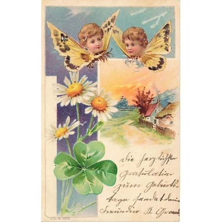 n°27149 - MSIB 12908 - Papilllons avec des têtes d'anges, au-dessus d'une maison et de marguerites