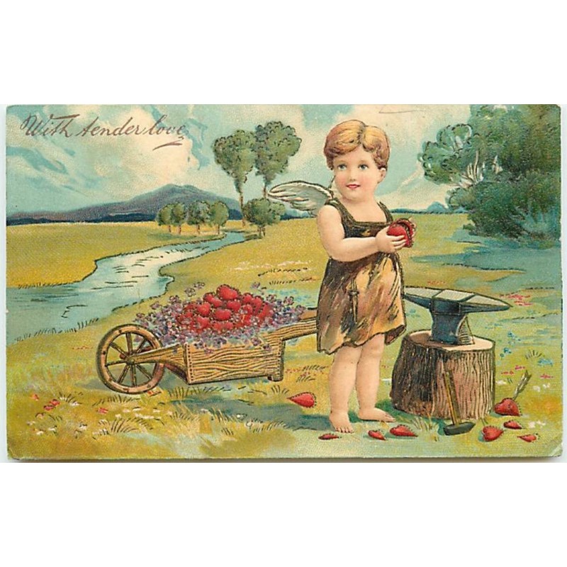 n°12984 - Carte Gaufrée - With tender love - Ange forgeant des coeurs