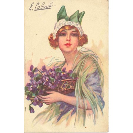 n°27157 - Illustrateur E. Colombo - Jeune femme portant un panier rempli de violettes