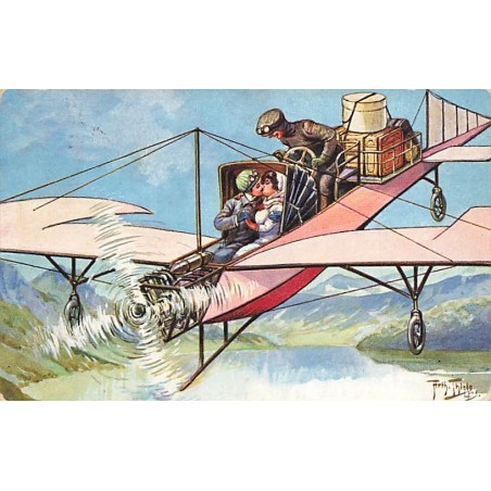 n°27162 - Illustrateur Arthur Thiele - Couple s'embrassant dans un avion, partant en voyage avec des bagages