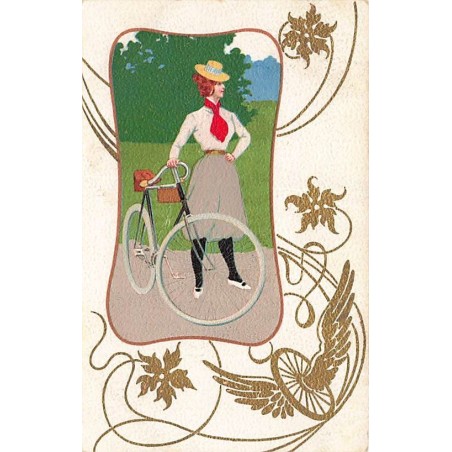 n°27164 - Fantaisie - Art Nouveau - Jeune femme près d'un vélo