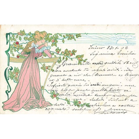 n°27167 - Fantaisie - Art Nouveau - Jeune femme admirant un coucher de soleil près d'un pommier
