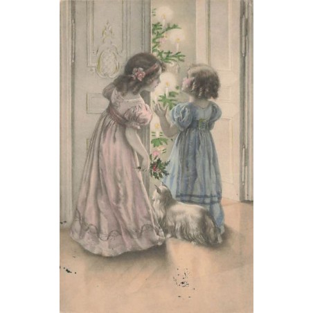 n°27171 - Noël - MM Vienne n°327 - Fillettes accompagnées d'un chien rentrant dans une pièce
