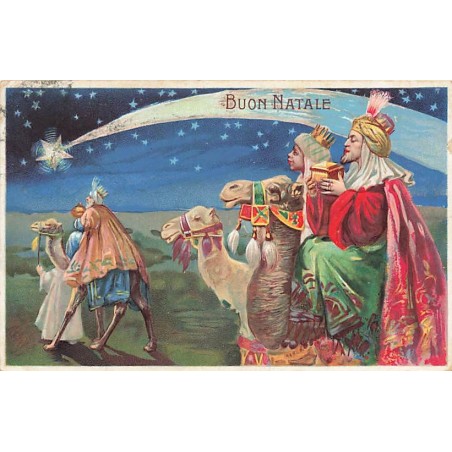 n°27173 - Carte Gaufrée - Noël - Buon Natale - Les Trois Rois Mages apportant les cadeaux, suivant l'étoile du Berger
